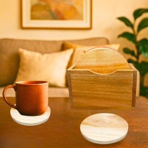 Wooden Tea Coaster Set with Holder | Premium Solid Wood Round Coasters for Hot & Cold Drinks, Tea, Coffee & Table Protection | Set of 5 (Round)