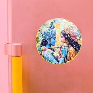 Stainless Steel Round Radha Krishna Fridge Magnet | Devotional & Decorative Refrigerator Magnet for Home & Office | Premium Finish | Pack of 4 (4)