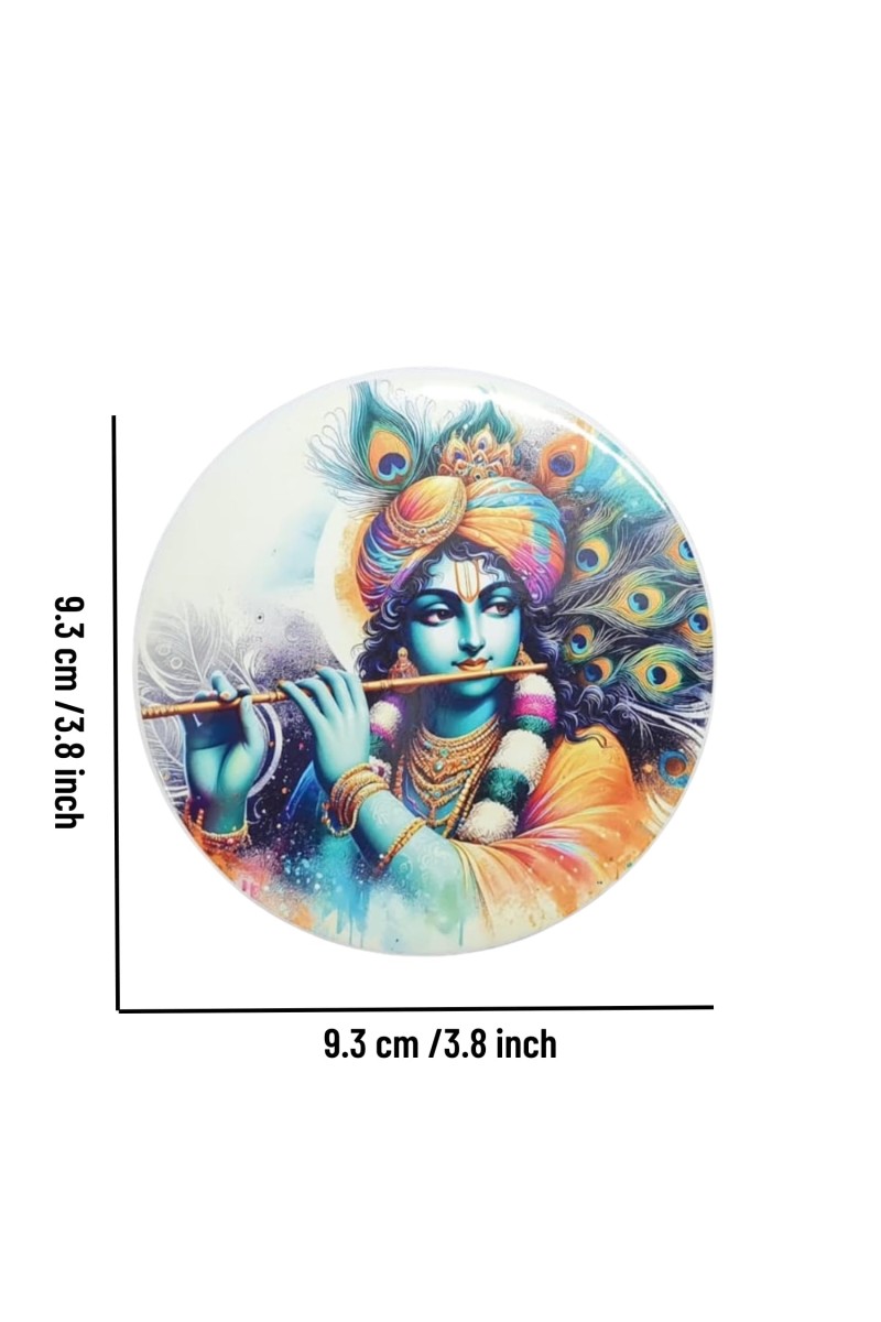 Stainless Steel Round Krishna Fridge Magnet | Decorative Spiritual Refrigerator Magnet for Home & Office | Pack of 2