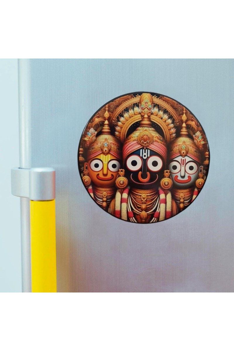 Stainless Steel Round Jagannath Balabhadra Subhadra Fridge Magnet | Devotional & Decorative Refrigerator Magnet for Home & Office | Pack of 1