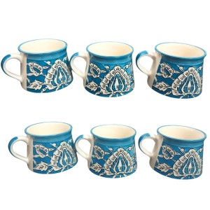 Handcrafted Blue Ceramic Tea & Coffee Cups with Floral Design | Hand-Painted Pottery Mugs | Microwave Safe | Blue Set of 6