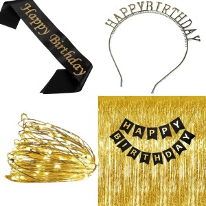 Party Decoration Combo – Hairband, Tuni LED Bulb, Birthday Sash & Foil Curtain – Perfect Birthday Celebration Set for Girls & Women (SILVER)
