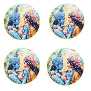 Stainless Steel Round Radha Krishna Fridge Magnet | Devotional & Decorative Refrigerator Magnet for Home & Office | Premium Finish | Pack of 4 (4)