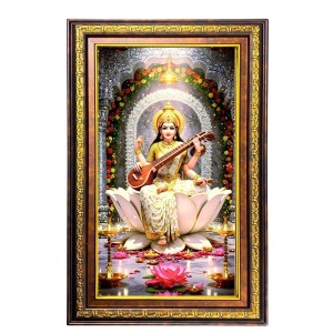 Goddess Saraswathi Digital Golden Balck Color Photo Frame | Hindu Religious Wall Decor | 14x20 Inches - Inspirational Wall Art for Office, Home Decor - Ideal Spiritual Gift (F16504)