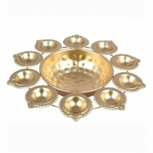 Decorative Brass Finish Diya Stand with Central Bowl | 9 Diya Holder Plate for Pooja, Aarti, Diwali Decoration, Temple & Home Traditional Lighting Plate