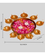 Decorative Brass Finish Diya Stand with Central Bowl | 9 Diya Holder Plate for Pooja, Aarti, Diwali Decoration, Temple & Home Traditional Lighting Plate