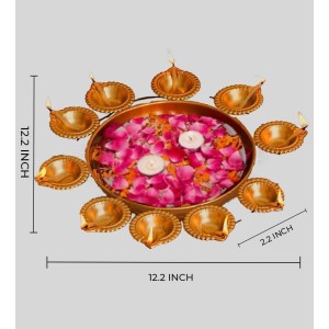 Decorative Brass Finish Diya Stand with Central Bowl | 9 Diya Holder Plate for Pooja, Aarti, Diwali Decoration, Temple & Home Traditional Lighting Plate
