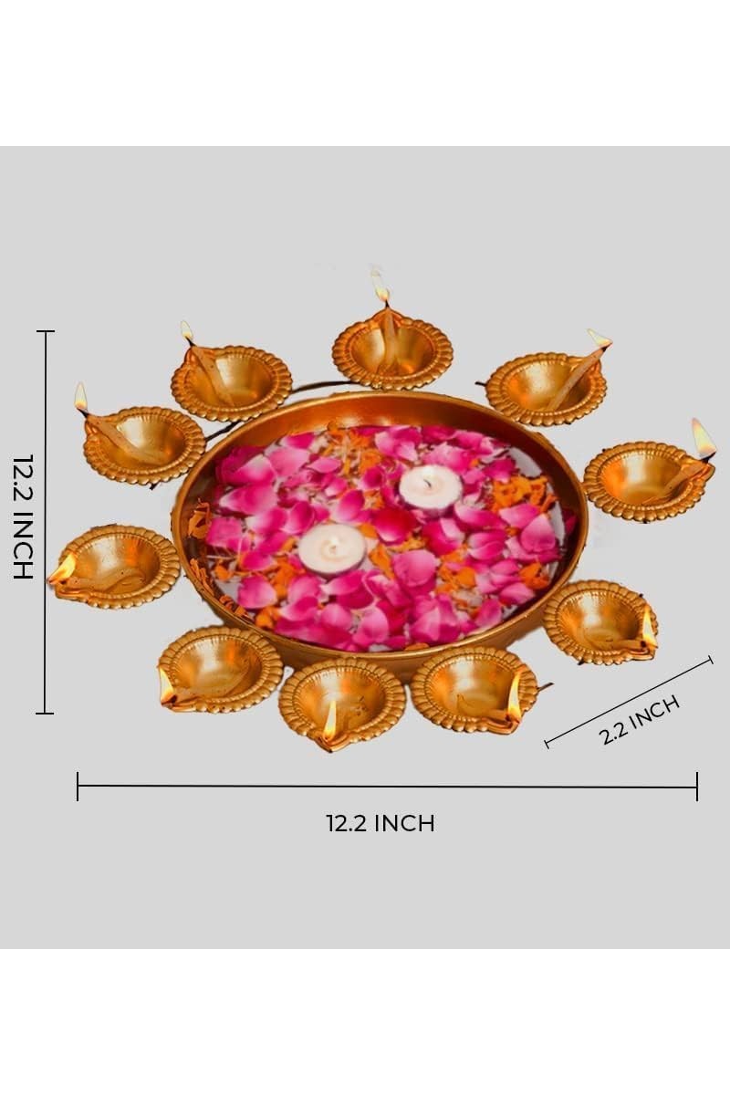 Decorative Brass Finish Diya Stand with Central Bowl | 9 Diya Holder Plate for Pooja, Aarti, Diwali Decoration, Temple & Home Traditional Lighting Plate