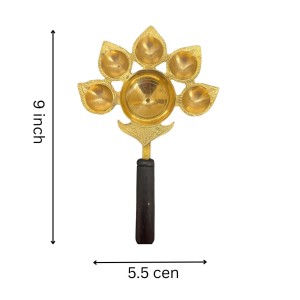 Panch Aarti Diya Oil Lamp, Panch Mukhi Aarti, deep, Jyoti Puja for Diwali/Navratri and Festival. Brass Punch Diya with Wooden Handle - Gold Color Daily Pooja in Home (Small).