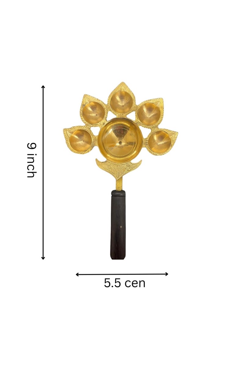 Panch Aarti Diya Oil Lamp, Panch Mukhi Aarti, deep, Jyoti Puja for Diwali/Navratri and Festival. Brass Punch Diya with Wooden Handle - Gold Color Daily Pooja in Home (Small).