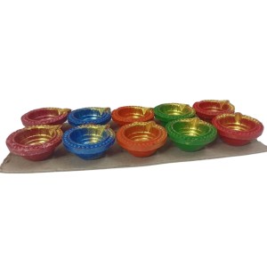Pack of 10 Decorative Clay Diyas for Diwali – Hand-Painted Multicolor Traditional Oil Lamps – Festival Home Decor with Om Design – Eco-Friendly Diya Set for Pooja, Gifts & Celebrations