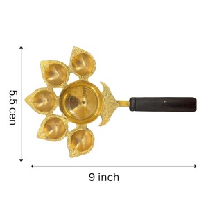 Panch Aarti Diya Oil Lamp, Panch Mukhi Aarti, deep, Jyoti Puja for Diwali/Navratri and Festival. Brass Punch Diya with Wooden Handle - Gold Color Daily Pooja in Home (Small).