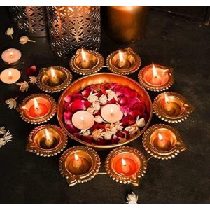 Decorative Brass Finish Diya Stand with Central Bowl | 9 Diya Holder Plate for Pooja, Aarti, Diwali Decoration, Temple & Home Traditional Lighting Plate