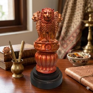 Handcrafted Lion Capital National Emblem Statue Showpiece – Ashoka Pillar Design Resin Stambh Idol for Home Decor, Office Desk, Tabletop & Gifting