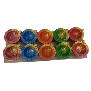 Pack of 10 Decorative Clay Diyas for Diwali – Hand-Painted Multicolor Traditional Oil Lamps – Festival Home Decor with Om Design – Eco-Friendly Diya Set for Pooja, Gifts & Celebrations