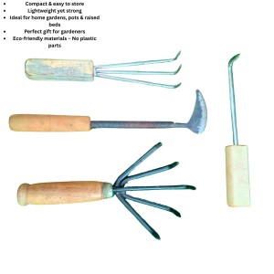 HI TECH Sales Garden Hand Tools Set – 4-Piece Gardening Kit with Wooden Handles – Weeder, Cultivator, Fork & Hook – Ideal for Weeding, Digging, Loosening Soil & Planting