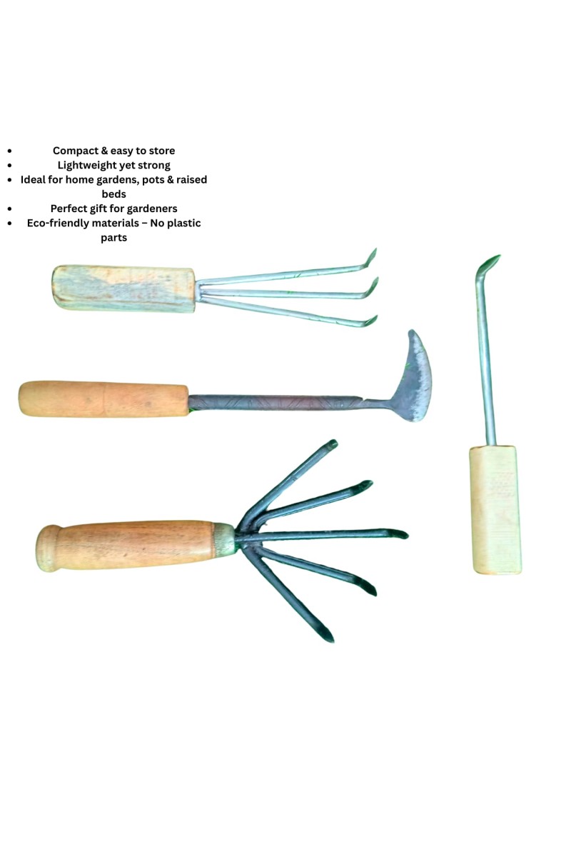 HI TECH Sales Garden Hand Tools Set – 4-Piece Gardening Kit with Wooden Handles – Weeder, Cultivator, Fork & Hook – Ideal for Weeding, Digging, Loosening Soil & Planting