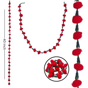Hitech Sales 10 Woolen Artificial Long Marigold Fluffy Flower Garland Strings for Home Decoration, Pooja Mandir Decor Genda Phool for Wedding and Festivals, Diwali (40 inch) (Red)