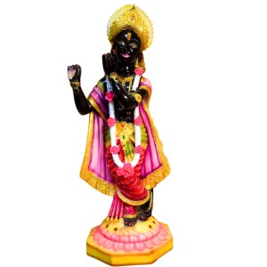 Black Lord Krishna Statue Playing Flute with Golden Crown – Hindu God Murti Idol for Home Mandir, Pooja Room, Temple Decor & Spiritual Gift Item