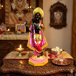 Black Lord Krishna Statue Playing Flute with Golden Crown – Hindu God Murti Idol for Home Mandir, Pooja Room, Temple Decor & Spiritual Gift Item
