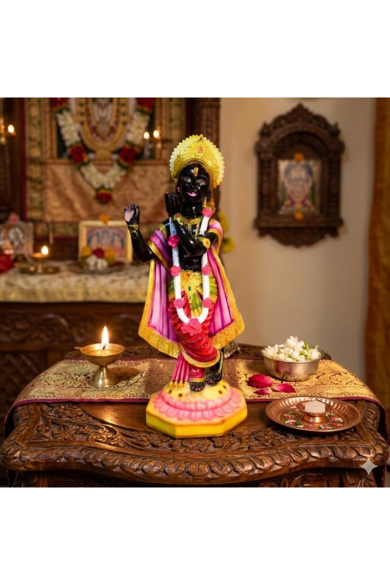Black Lord Krishna Statue Playing Flute with Golden Crown – Hindu God Murti Idol for Home Mandir, Pooja Room, Temple Decor & Spiritual Gift Item