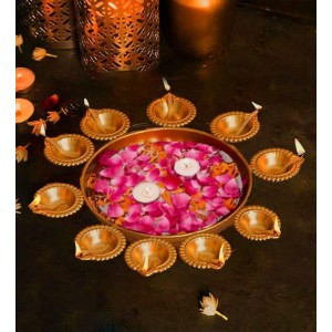 Decorative Brass Finish Diya Stand with Central Bowl | 9 Diya Holder Plate for Pooja, Aarti, Diwali Decoration, Temple & Home Traditional Lighting Plate