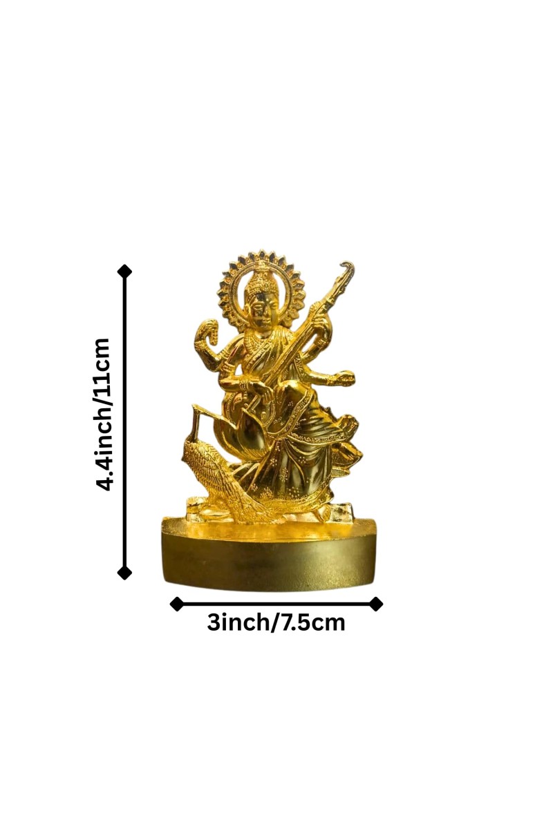 Antique Gold Metal Statue Maa Saraswati Showpiece for Home & Office | Hindu Goddess Decorative Murti for Puja & Mandir Office Table Showpiece.