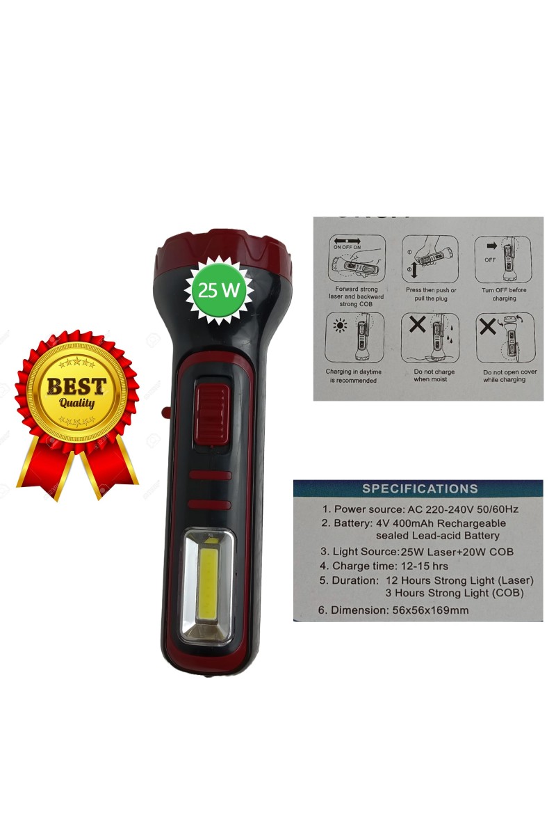 Hitech Rechargeable Torch Light || LV-621 || Powerful 25W Laser + 20W COB || 12 Hours of Continuous Lighting