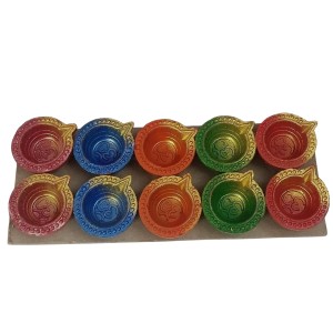 Pack of 10 Decorative Clay Diyas for Diwali – Hand-Painted Multicolor Traditional Oil Lamps – Festival Home Decor with Om Design – Eco-Friendly Diya Set for Pooja, Gifts & Celebrations