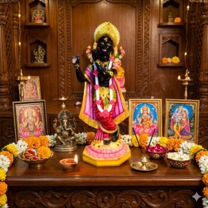 Black Lord Krishna Statue Playing Flute with Golden Crown – Hindu God Murti Idol for Home Mandir, Pooja Room, Temple Decor & Spiritual Gift Item