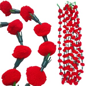 Hitech Sales 10 Woolen Artificial Long Marigold Fluffy Flower Garland Strings for Home Decoration, Pooja Mandir Decor Genda Phool for Wedding and Festivals, Diwali (40 inch) (Red)