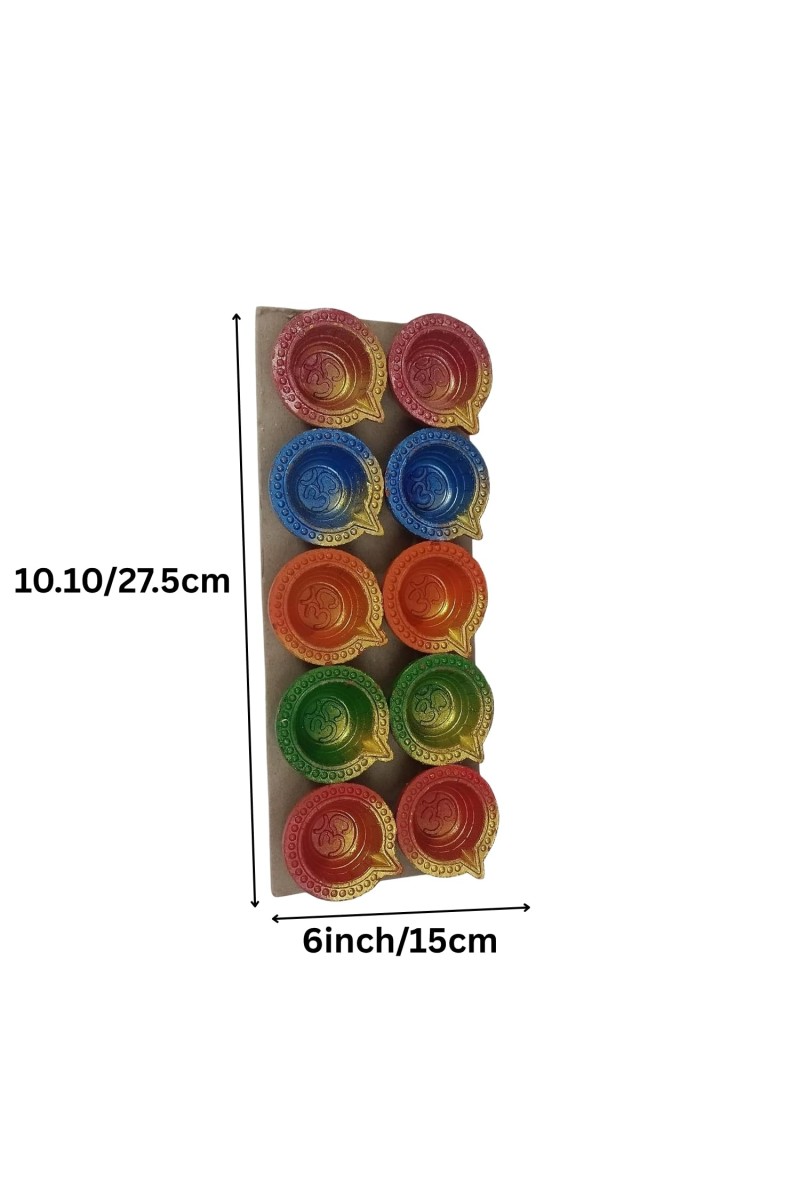 Pack of 10 Decorative Clay Diyas for Diwali – Hand-Painted Multicolor Traditional Oil Lamps – Festival Home Decor with Om Design – Eco-Friendly Diya Set for Pooja, Gifts & Celebrations