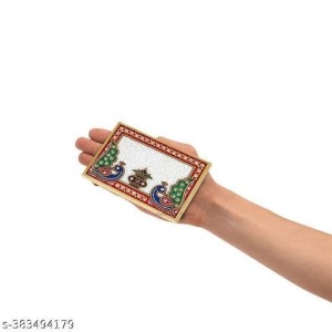 HiTechMart Makrana Marble Rectangular Puja Chowki with Hand-Painted Meenakari & Kundan Work – Decorative Bajot/Singhasan for Home Mandir, Vrat, Festivals, Pooja & Gifting Purpose (1, Rectangular)