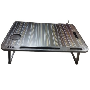 Hitech Sales, Portable Laptop Table with Foldable Legs, Multi-Utility Slots & Gray Striped Woodgrain Finish – Bed Table for Work, Study & Entertainment