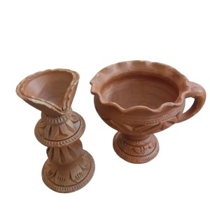 Handmade Clay Dhoop Dani and Pradeep Traditional Terracotta Diya for Puja Home Temple Decoration Festival Use (Set of Two)