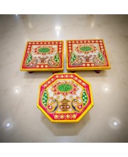 HiTechMart Makrana Marble Puja Chowki Combo Set – Hand-Painted Meenakari & Kundan Work Bajot/Singhasan for Mandir, Festival, Vrat, Decorative Pooja Platform for Idols & Gift Purpose