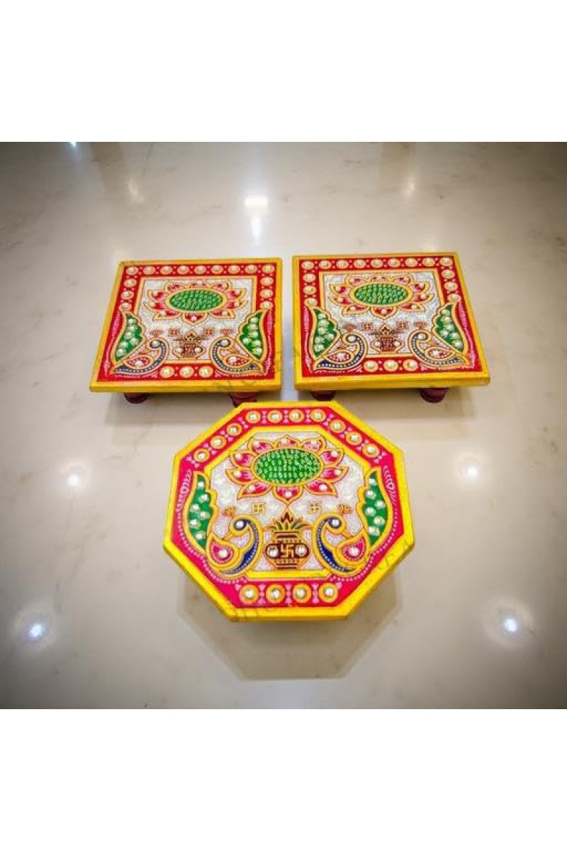 HiTechMart Makrana Marble Puja Chowki Combo Set – Hand-Painted Meenakari & Kundan Work Bajot/Singhasan for Mandir, Festival, Vrat, Decorative Pooja Platform for Idols & Gift Purpose