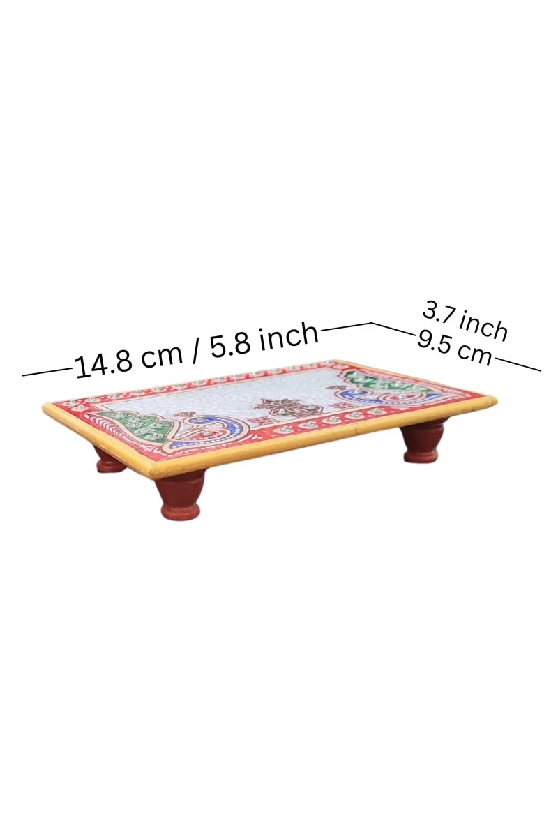 HiTechMart Makrana Marble Rectangular Puja Chowki with Hand-Painted Meenakari & Kundan Work – Decorative Bajot/Singhasan for Home Mandir, Vrat, Festivals, Pooja & Gifting Purpose (1, Rectangular)