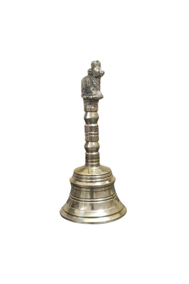 HiTechMart Traditional Brass Hand Bell with Nandi Design – Antique Finish for Puja