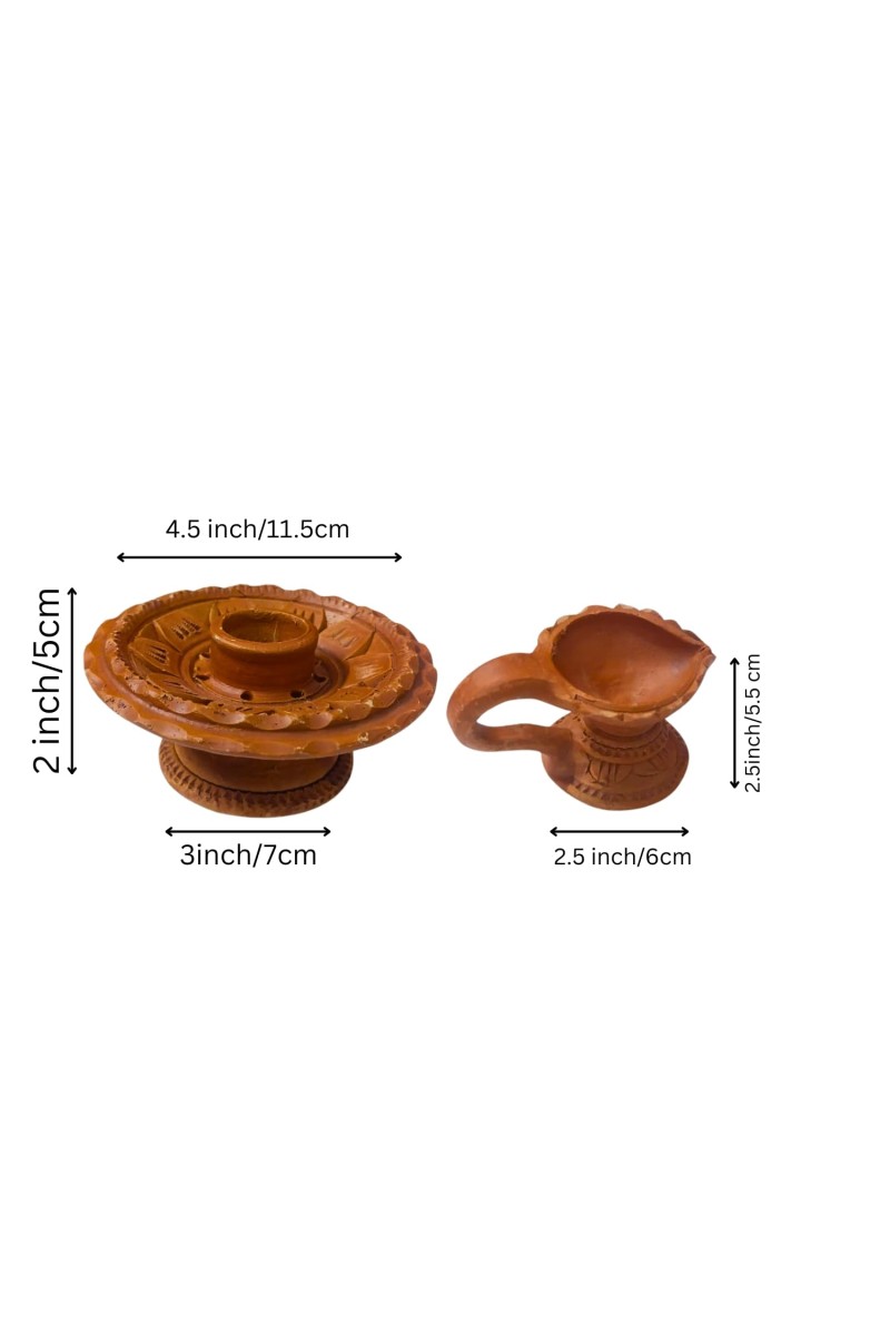 Handcrafted Terracotta Dhoop Daani Stand with Diya Pradeep - Traditional Indian Incense Holder & Oil Lamp for Pooja, Meditation, and Home Decor, Religious Rituals