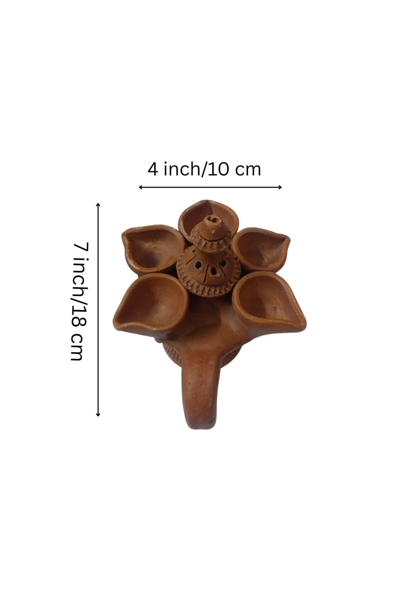 Handicrafts Handmade Traditional Terracotta Pancha Pradeep (Pancha Diya) with Dhoop Stand for Diwali and Puja – Perfect for Home Décor