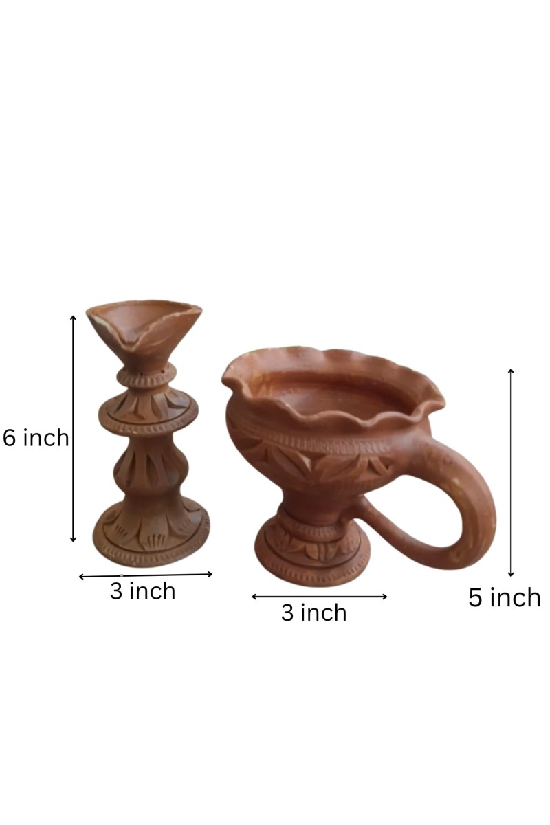Handmade Clay Dhoop Dani and Pradeep Traditional Terracotta Diya for Puja Home Temple Decoration Festival Use (Set of Two)