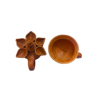 Panch Pradeep with Dhunuchi Combo - Traditional Handcrafted Terracotta 5-Lamp Oil Holder & Incense Holder for Pooja, Religious Ceremonies, Diwali, and Festivals