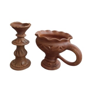 Handmade Clay Dhoop Dani and Pradeep Traditional Terracotta Diya for Puja Home Temple Decoration Festival Use (Set of Two)