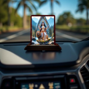 Car Desk/Table Top Goddess Durga Wooden Photo Stand 3x4 Inches, Compact & Stylish Spiritual Display For Car, Home & Office (Pack Of 1) (F14413)