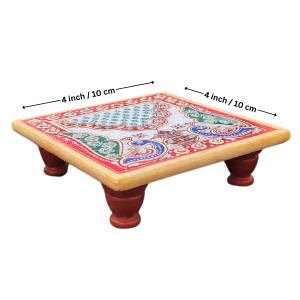HiTechMart Handcrafted Marble Puja Chowki with Kundan Work, Makrana Marble Pooja Platform with Enamel Painting & Plastic Legs, Decorative Chowki for Mandir, Rituals, Home Décor - 4x4 inch (1, Square)