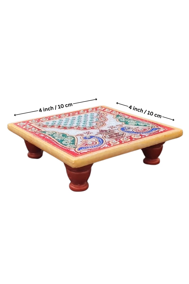 HiTechMart Handcrafted Marble Puja Chowki with Kundan Work, Makrana Marble Pooja Platform with Enamel Painting & Plastic Legs, Decorative Chowki for Mandir, Rituals, Home Décor - 4x4 inch (2, Square)