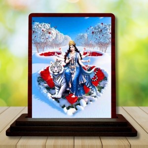 Car Desk/Table Top Goddess Durga Matha Wooden Photo Stand 3x4 Inches, Compact & Stylish Spiritual Display For Car, Home & Office (Pack Of 1) (F14418)