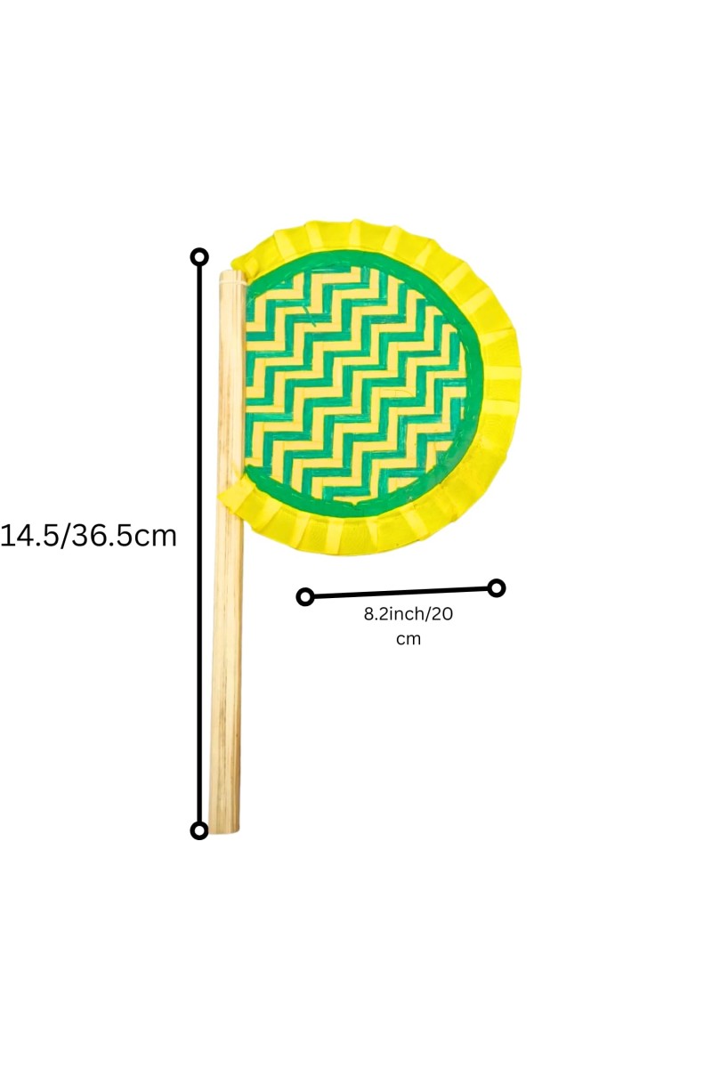 Handmade Bamboo Hand Fan (Hatpakha) – Traditional Hand-Painted Handheld Fan for Cool Air, Home Décor, Festivals & Puja | Eco-Friendly Travel Fan (14.5 × 8.2 cm) (Yellow)
