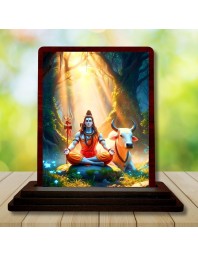 Car Desk/Table Top Lord Shiva Wooden Photo Stand 3x4 Inches, Compact & Stylish Spiritual Display For Car, Home & Office (Pack Of 1) (F14626)